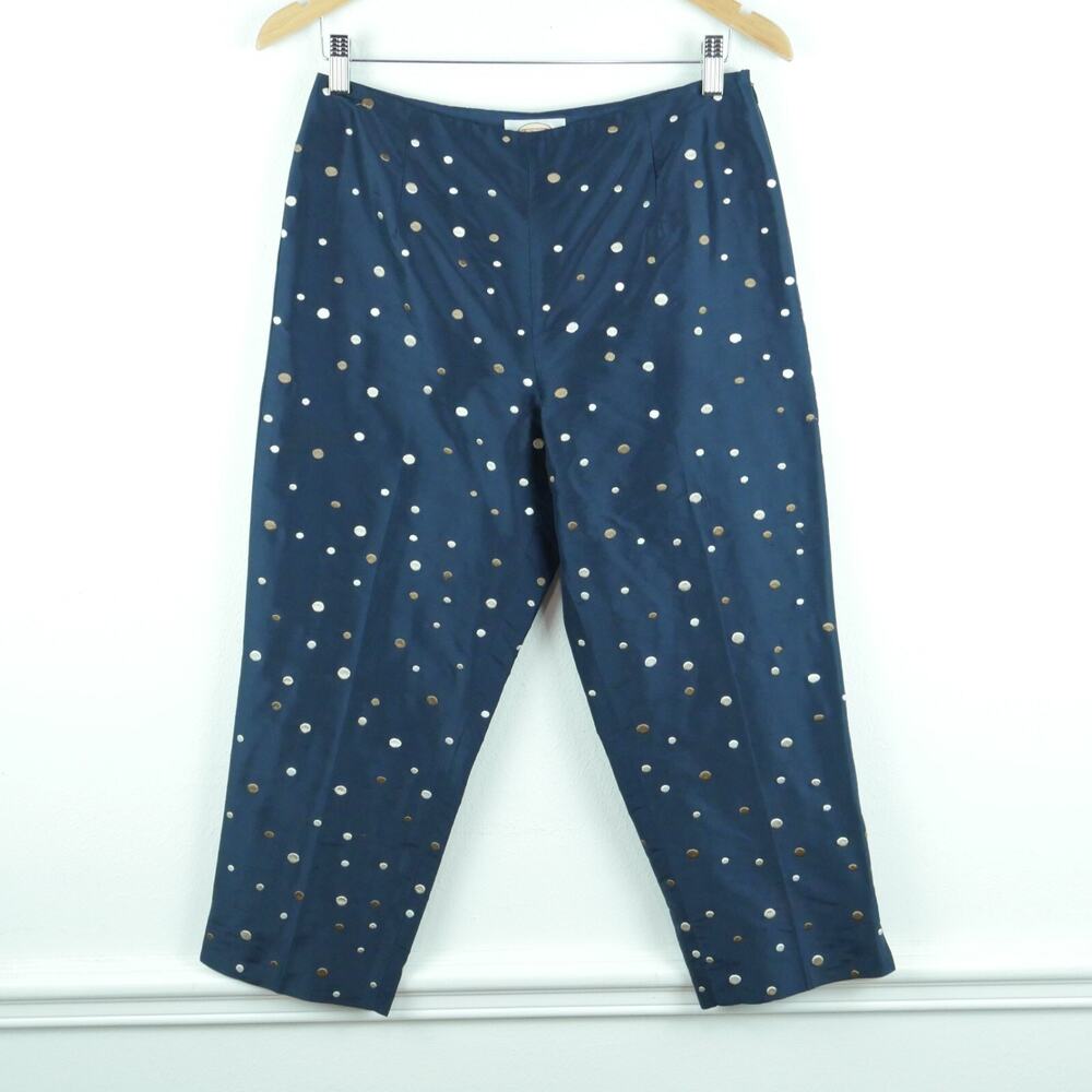 Vintage 6 P Crop Pants 100%‎ Silk Navy Blue Polka Dot Country Club Elegant Capri